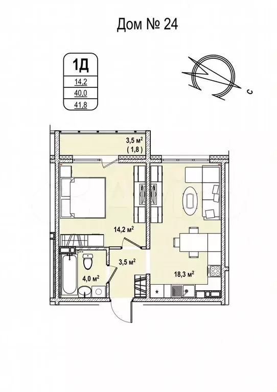 1-к. квартира, 40 м, 2/17 эт. - Фото 0