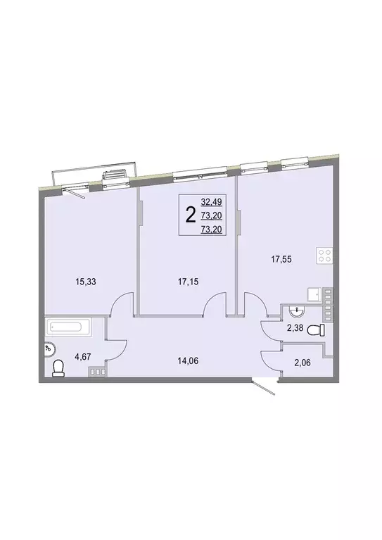 2-к квартира, 72.9 м - Фото 0