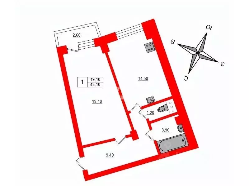 1-к кв. Санкт-Петербург ул. Матроса Железняка, 57 (48.1 м) - Фото 1