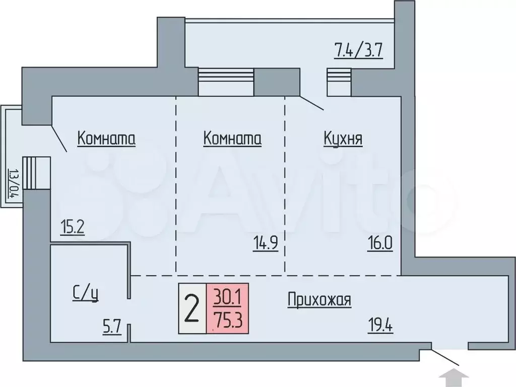 2-к. квартира, 75,3 м, 2/17 эт. - Фото 0