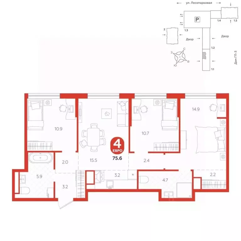 4-к кв. Тюменская область, Тюмень ул. Лесопарковая, 22 (75.6 м) - Фото 1