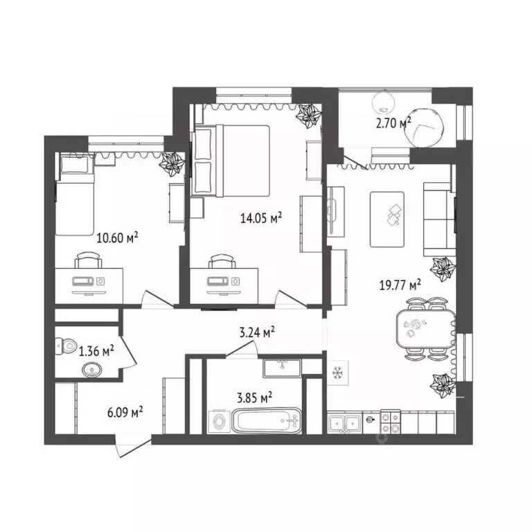2-к кв. Тюменская область, Тюмень ул. Пожарных и Спасателей, 14 (60.2 ... - Фото 2