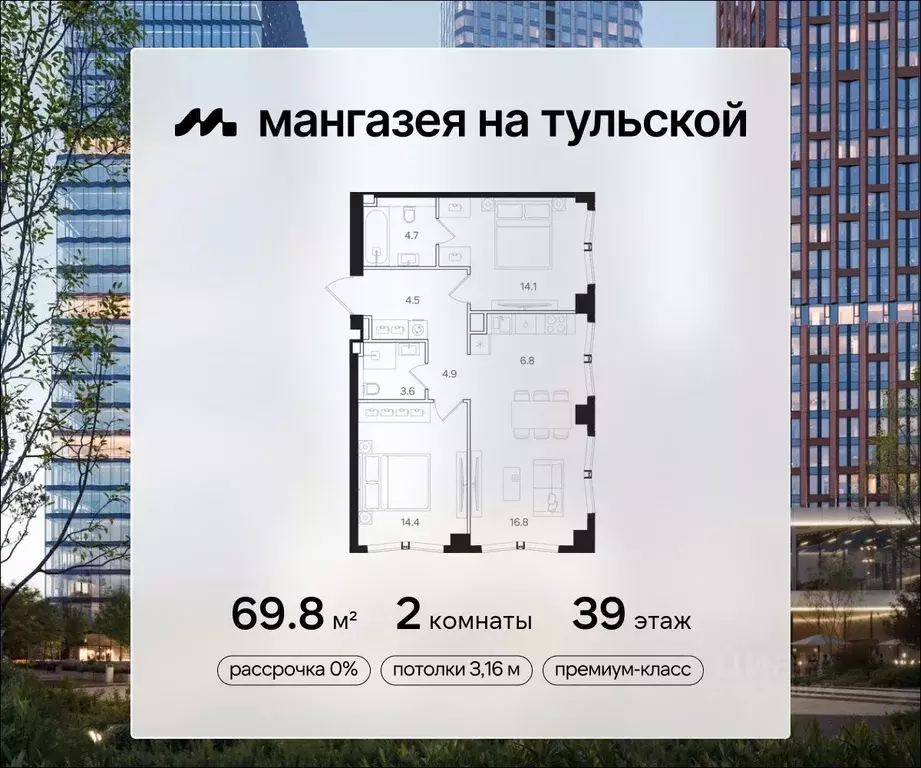 2-к кв. Москва Мангазея на Тульской жилой комплекс (69.8 м) - Фото 0