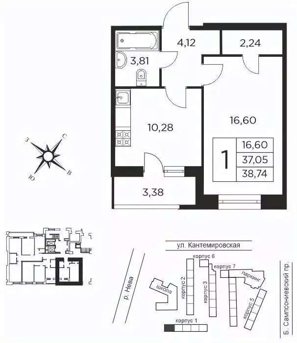 1-к кв. Санкт-Петербург ул. Александра Матросова, 8к3 (38.74 м) - Фото 0