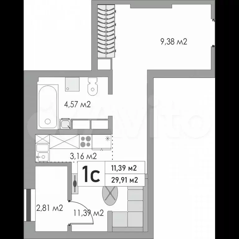 1-к. квартира, 30 м, 8/9 эт. - Фото 0