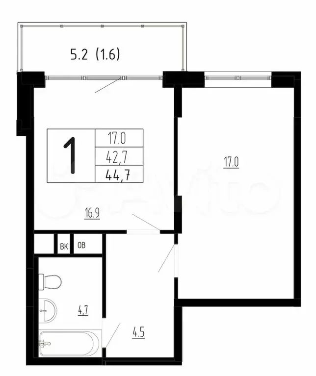 1-к. квартира, 44,7 м, 2/4 эт. - Фото 0