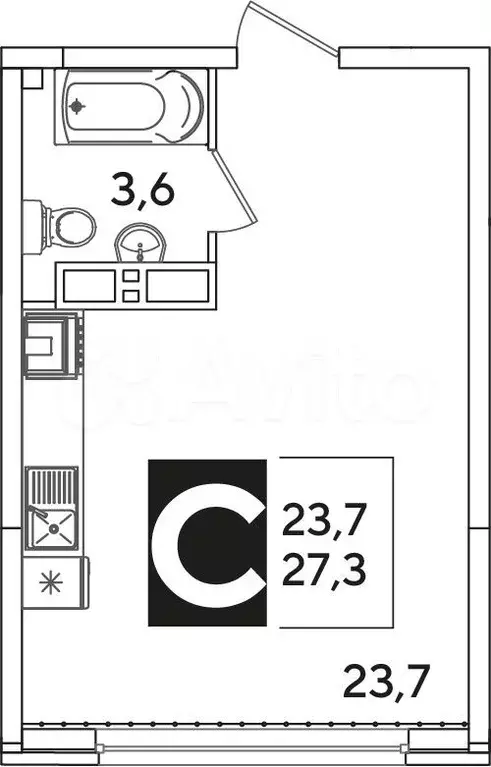 Квартира-студия, 27,3м, 14/16эт. - Фото 1