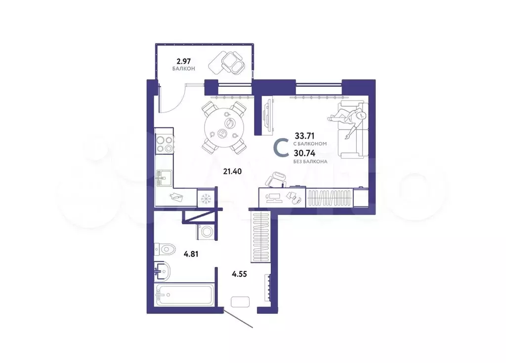 Квартира-студия, 33 м, 4/16 эт. - Фото 1