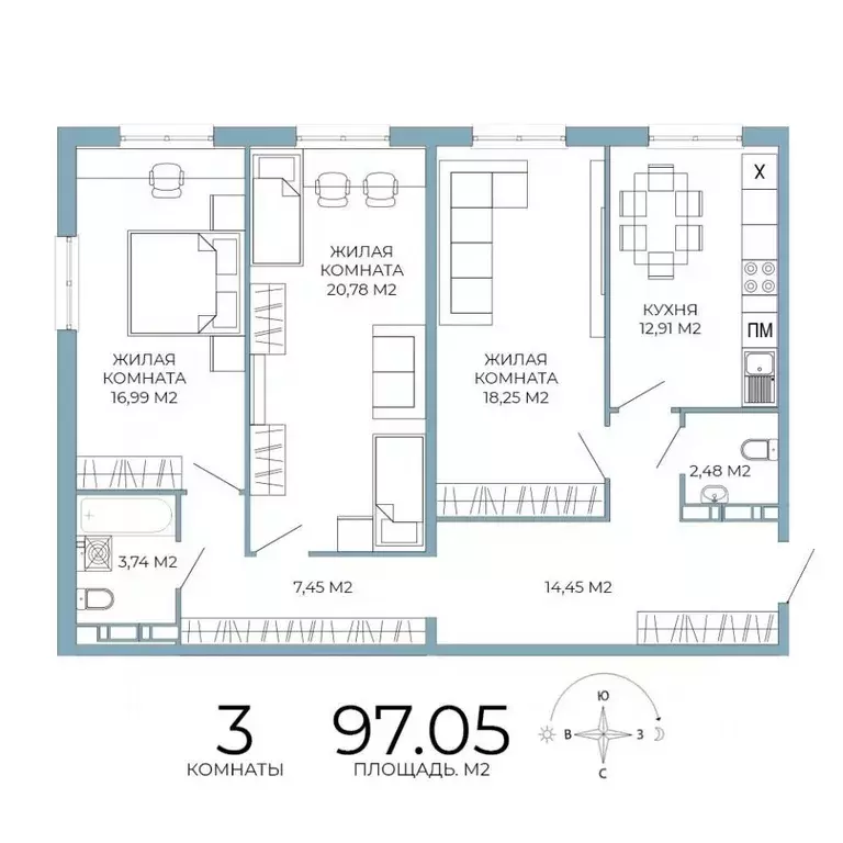 3-к кв. Пензенская область, Пенза Лугометрия жилой комплекс (97.05 м) - Фото 1
