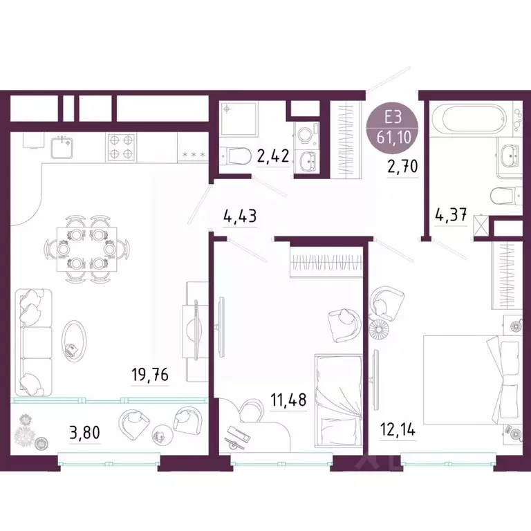 2-к кв. Тульская область, Тула ул. Купцов Гречихиных (61.1 м) - Фото 1