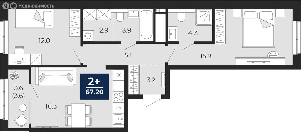2-комнатная квартира: Тюмень, улица Тимофея Чаркова, 77 (67.2 м) - Фото 1