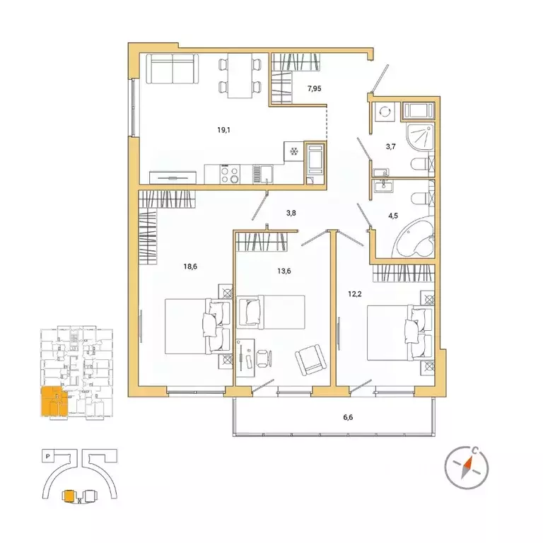 3-к кв. Санкт-Петербург наб. Реки Каменки, 11к1 (85.43 м) - Фото 0