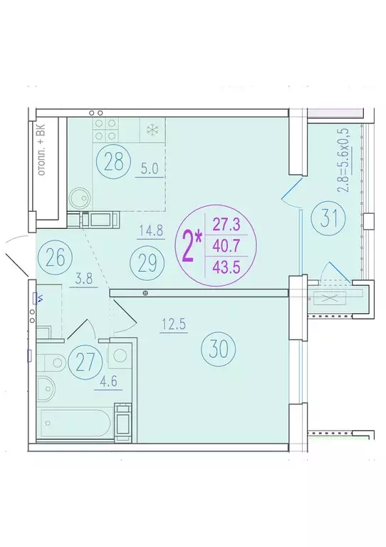 2-к квартира, 43.5 м - Фото 0