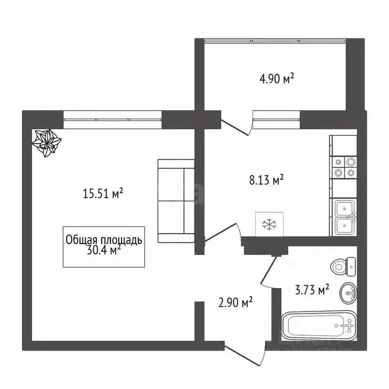 1-к кв. Новосибирская область, Новосибирск ул. Фадеева, 66 (30.4 м) - Фото 1