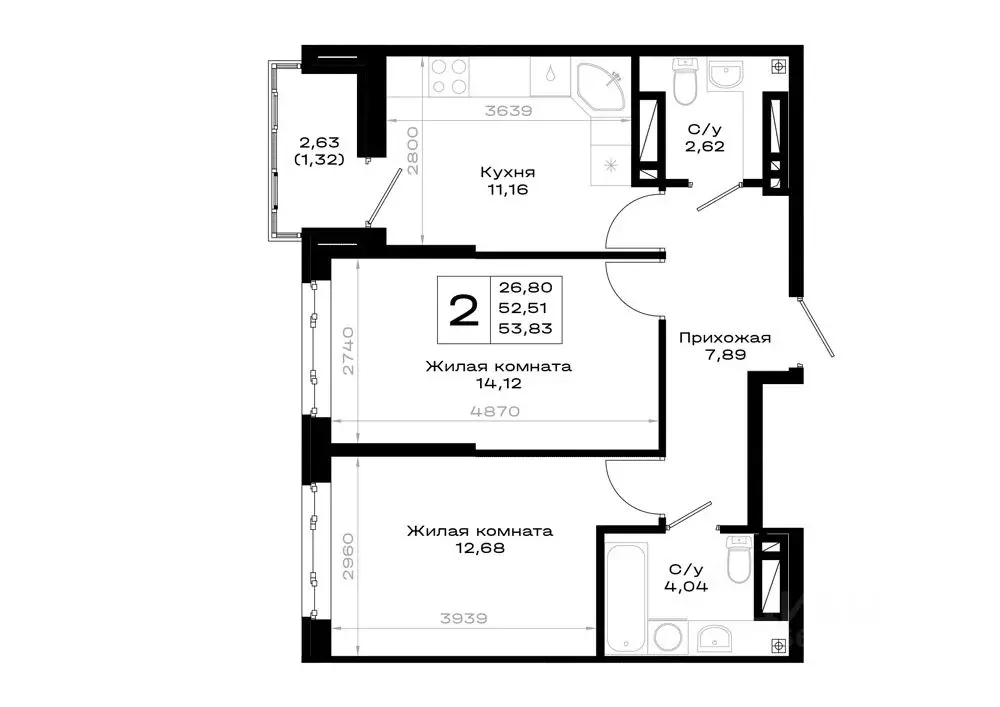 2-к кв. Ростовская область, Ростов-на-Дону Нефтекачка кв-л,  (53.83 м) - Фото 1