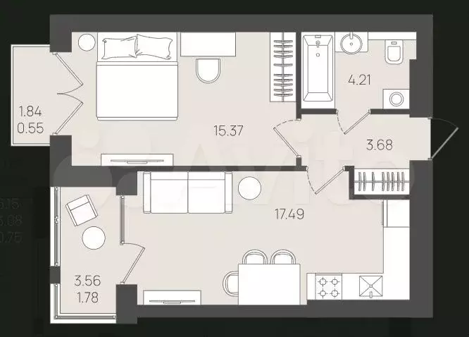 1-к. квартира, 42,5 м, 5/5 эт. - Фото 1