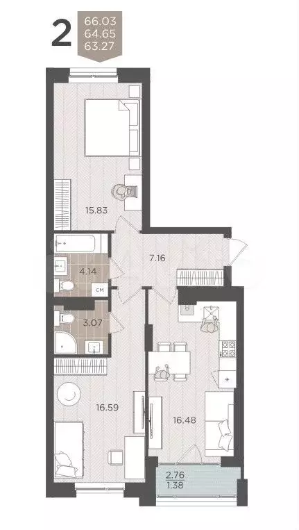 2-к. квартира, 66 м, 2/9 эт. - Фото 1