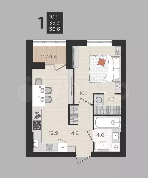 1-к. квартира, 36,6 м, 2/4 эт. - Фото 1