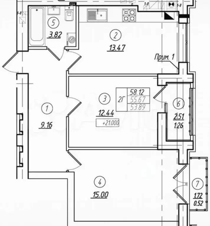 2-к. квартира, 55,7 м, 5/8 эт. - Фото 1