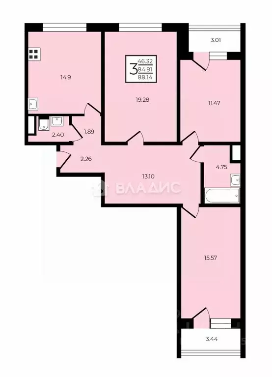 3-к кв. Воронежская область, Воронеж ул. Революции 1905 года, 80Г ... - Фото 2