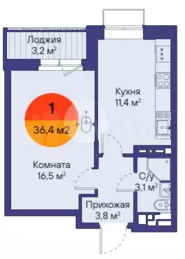 1-к. квартира, 36,4 м, 7/15 эт. - Фото 1