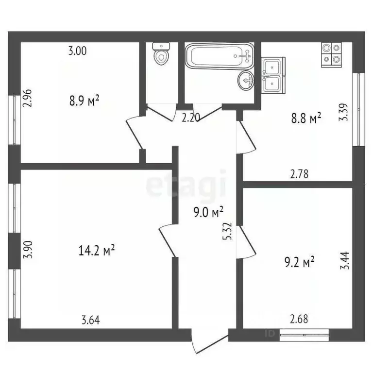3-к кв. Вологодская область, Вологда ул. Гоголя, 52 (53.8 м) - Фото 2