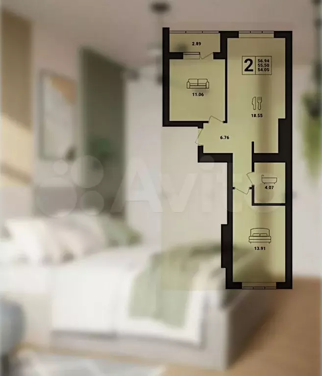 2-к. квартира, 57 м, 2/6 эт. - Фото 0