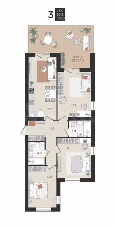 3-к. квартира, 90,8 м, 1/4 эт. - Фото 1