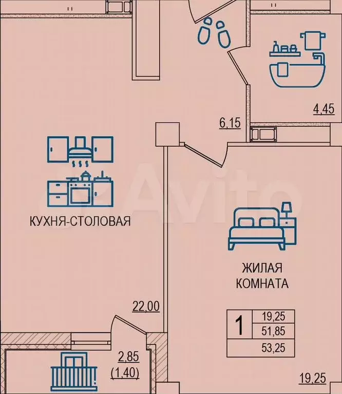 1-к. квартира, 53,3м, 10/12эт. - Фото 1