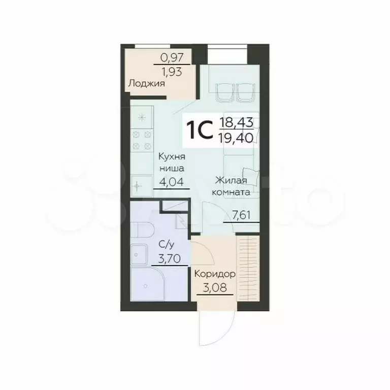 Квартира-студия, 19,4 м, 7/16 эт. - Фото 1