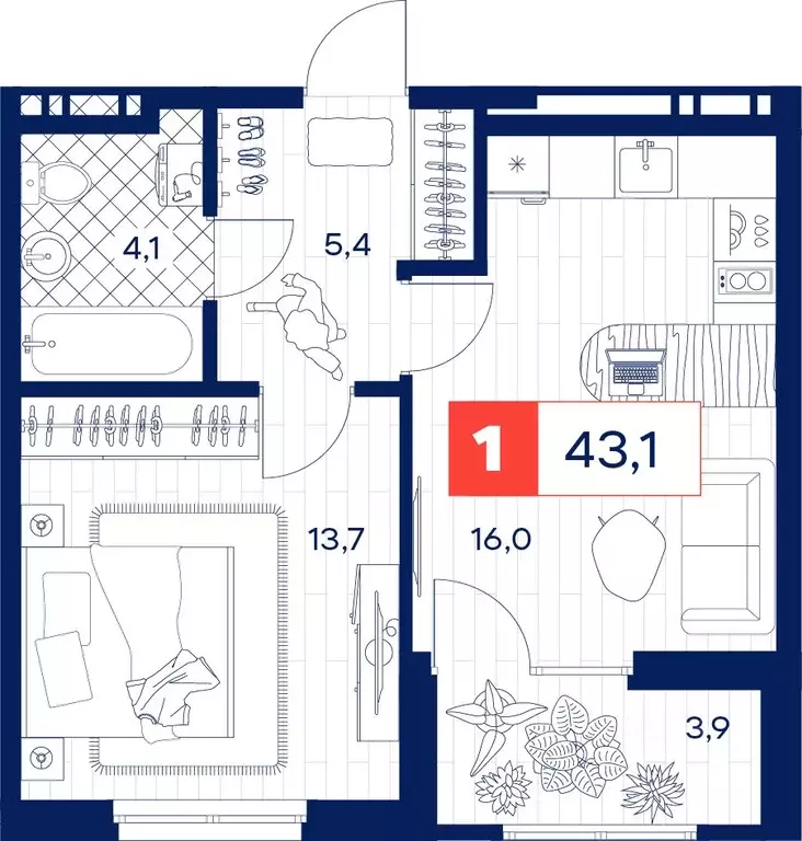 1-к кв. Тюменская область, Тюмень  (43.1 м) - Фото 0