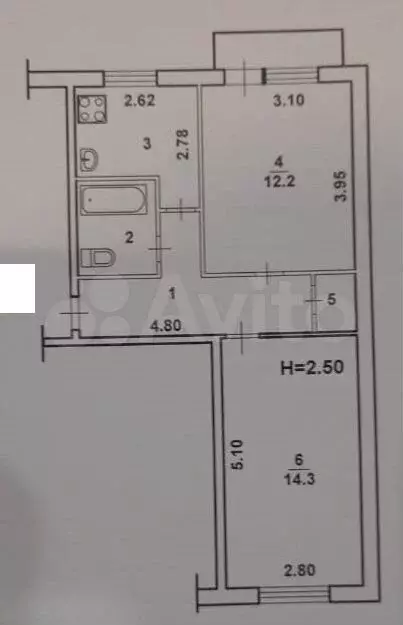 2-к. квартира, 43,8 м, 2/5 эт. - Фото 0
