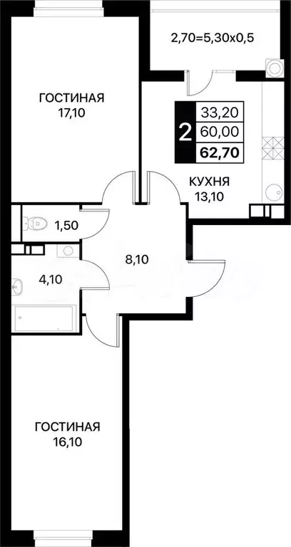 2-к. квартира, 62,7 м, 3/14 эт. - Фото 0