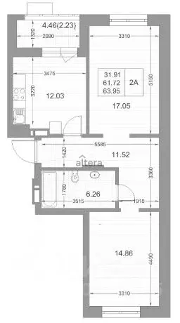 2-к кв. Татарстан, Казань ул. Петра Полушкина, 1 (62.99 м) - Фото 1