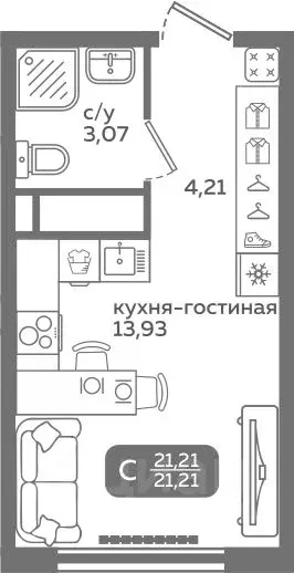 Студия Тюменская область, Тюмень ул. Заполярная, 9/2 (21.21 м) - Фото 0
