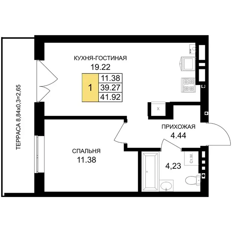 1-комнатная квартира: Гурьевск, жилой комплекс Включи (41.92 м) - Фото 0