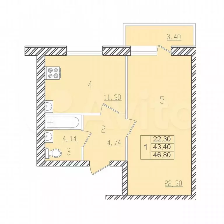 1-к. квартира, 44,4 м, 1/3 эт. - Фото 0