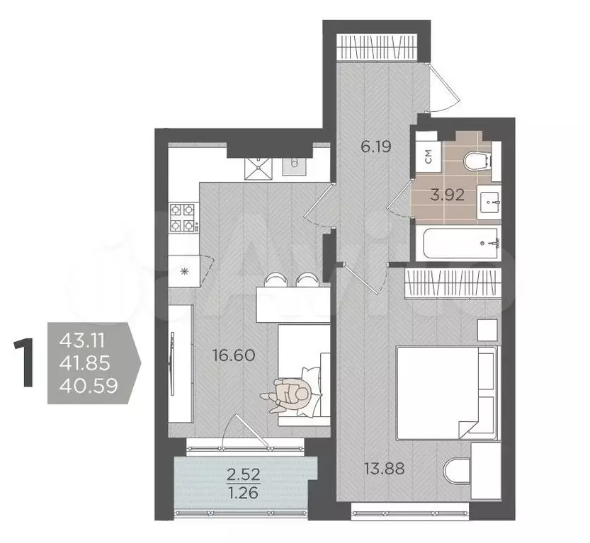 1-к. квартира, 41,9 м, 1/9 эт. - Фото 1