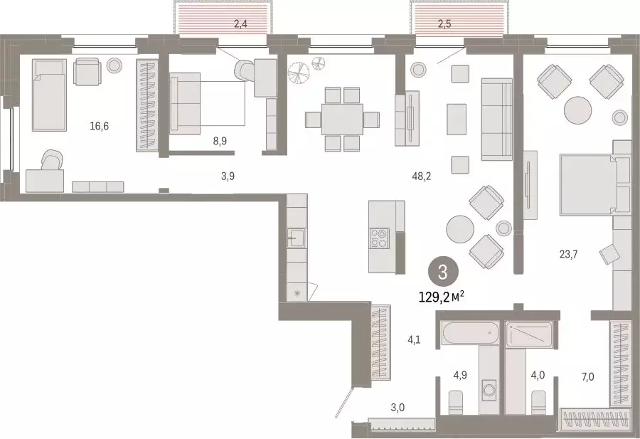 3-комнатная квартира: Тюмень, Мысовская улица, 26к2 (129.23 м) - Фото 1