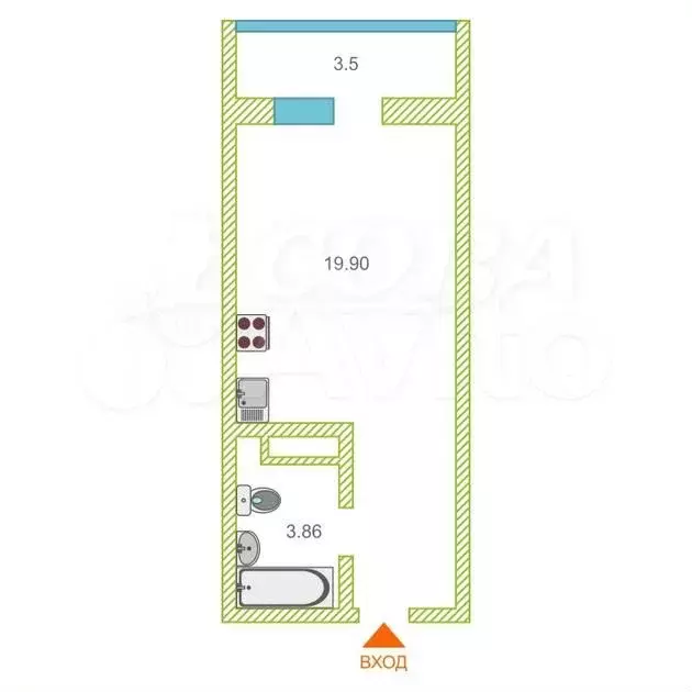 Квартира-студия, 27 м, 6/19 эт. - Фото 0