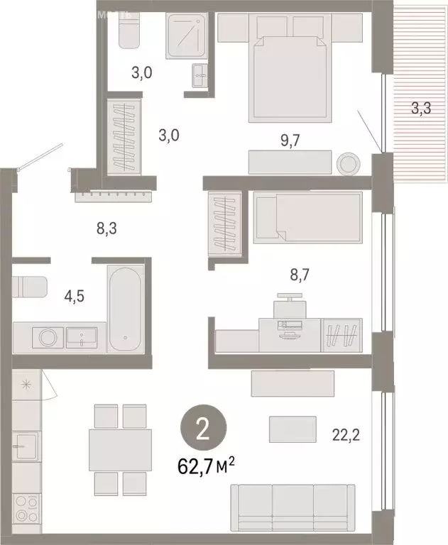 2-комнатная квартира: Новосибирск, Большевистская улица, с49 (62.74 м) - Фото 0