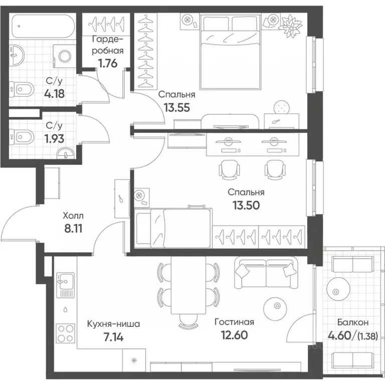 3-к кв. Татарстан, Казань Квартал Сюита жилой комплекс (64.2 м) - Фото 1