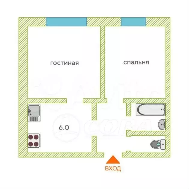 2-к. квартира, 41 м, 5/5 эт. - Фото 0