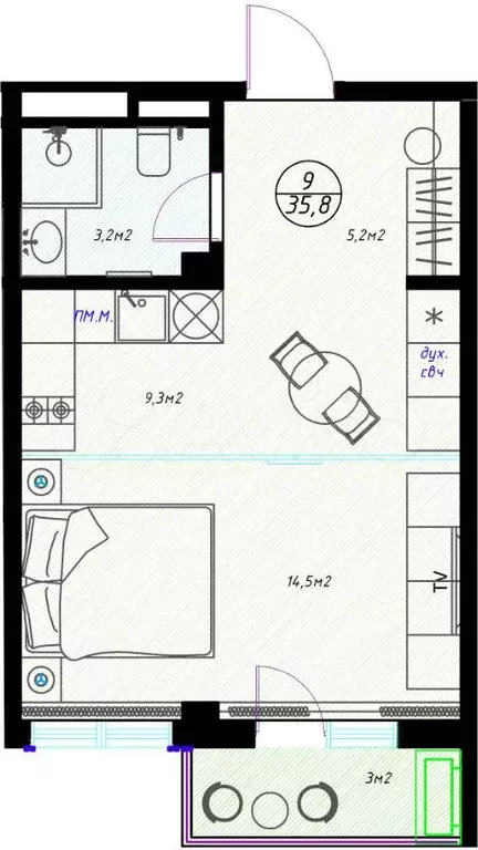 1-к. квартира, 35,8 м, 3/7 эт. - Фото 0