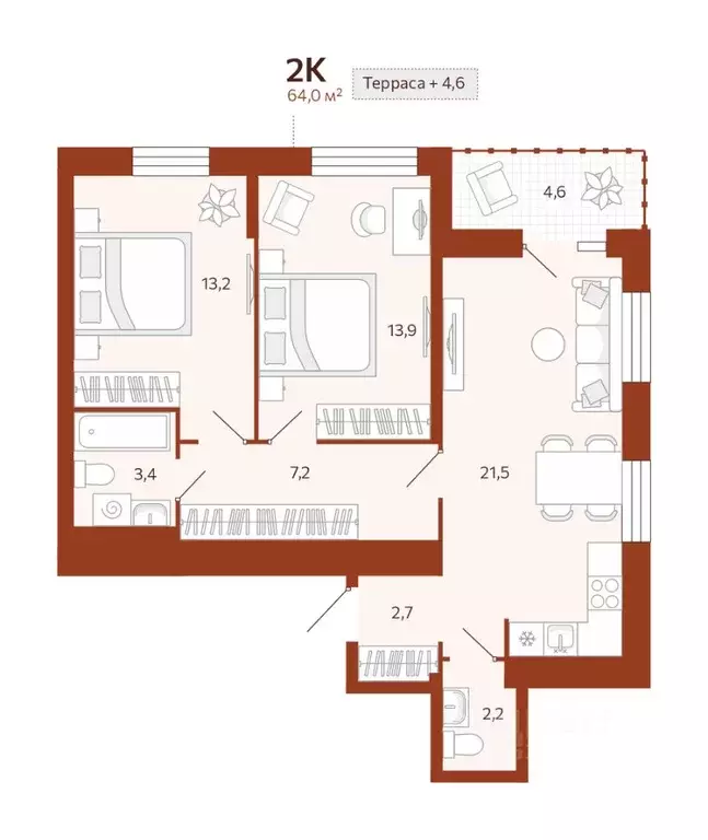 2-к кв. Тюменская область, Тюмень ул. Новаторов, 28 (64.0 м) - Фото 1
