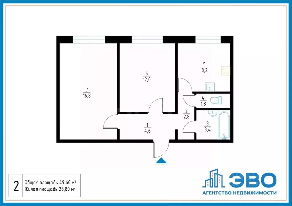 2-к кв. Санкт-Петербург ул. Корнея Чуковского, 7к3 (49.7 м) - Фото 2