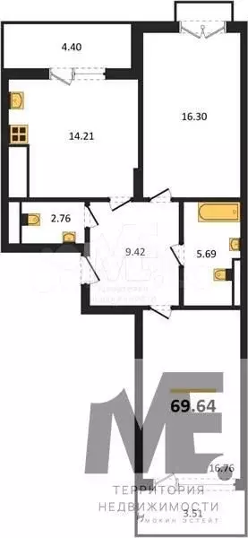 2-к. квартира, 69,6 м, 4/7 эт. - Фото 0