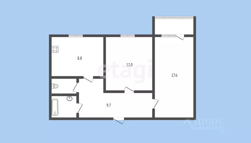 2-к кв. Карачаево-Черкесия, Черкесск ул. Космонавтов, 37 (51.7 м) - Фото 1