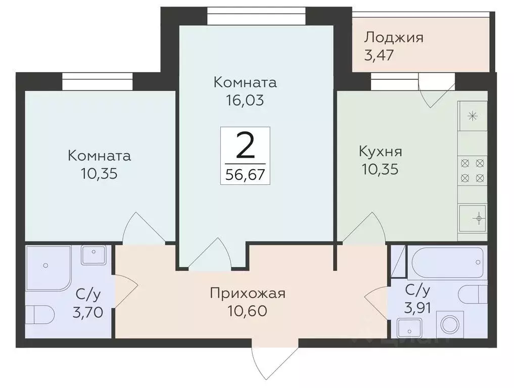 2-к кв. Воронежская область, Воронеж ул. Чапаева, 68Б (56.67 м) - Фото 0