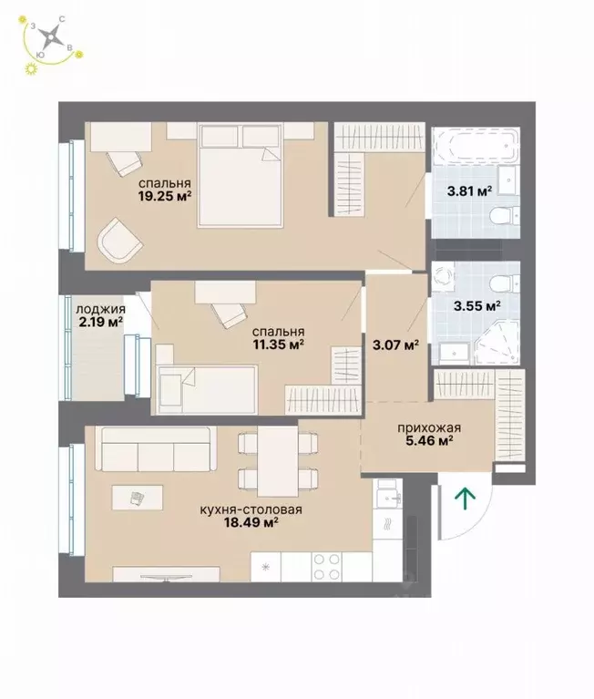 2-к кв. Свердловская область, Екатеринбург Эльмаш жилрайон,  (67.17 м) - Фото 1